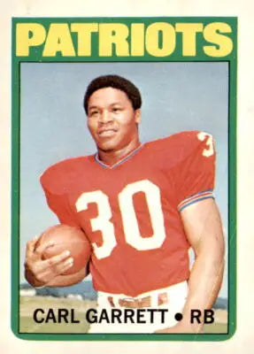 1972 Topps Carl Garrett football card featuring England Patriots player in excellent condition