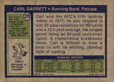 Vintage Carl Garrett sports trading card from the 1972 Topps set #229 in EX-MT condition
