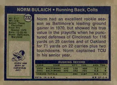 1972 Topps #232 Norm Bulaich VG-EX sports trading card collectible image