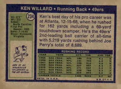 Vintage Ken Willard trading card from the 1972 Topps #234 Sports Trading Card set