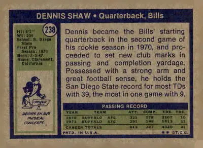Vintage Dennis Shaw football card from 1972 Topps in EX-MT condition for sports trading