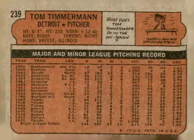 Back of 1972 Topps #239 Tom Timmermann baseball card showcasing player stats and info