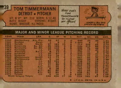 Vintage baseball card of Tom Timmermann from the Detroit Tigers 1972 Topps series