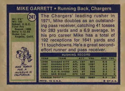 Vintage football card of Mike Garrett from the 1972 Topps set, San Diego Chargers