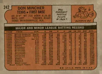 Don Mincher baseball card from 1972 Topps #242 featuring Don Mincher player image
