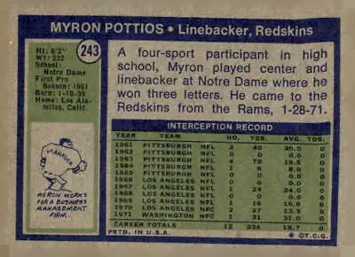 1972 Topps #243 Myron Pottios EX-MT trading card showcasing Myron Pottios
