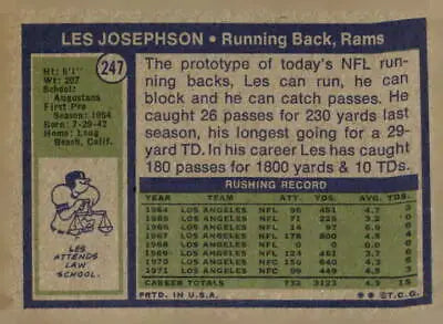 Vintage Les Josephson card from the 1972 Topps series featuring the Los Angeles Rams