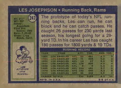 Vintage football card of Les Josephson from the 1972 Topps series featuring Los Angeles Rams