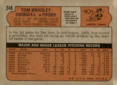 Vintage baseball card back of 1972 Topps #248 Tom Bradley, Chicago White Sox player