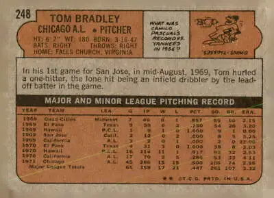 Vintage baseball card back of 1972 Topps Tom Bradley, Chicago White Sox player