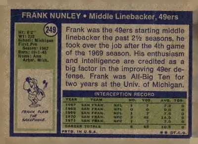 Vintage 1972 Topps Frank Nunley trading card in excellent condition for collectors