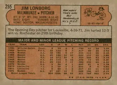 Vintage baseball card back of 1972 Topps #255 Jim Lonborg, Milwaukee Brewers pitcher