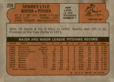 Vintage baseball card back of Sparky Lyle Boston Red Sox from 1972 Topps #259