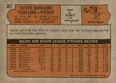 Vintage baseball card back of 1972 Topps #261 Steve Mingori sports trading card