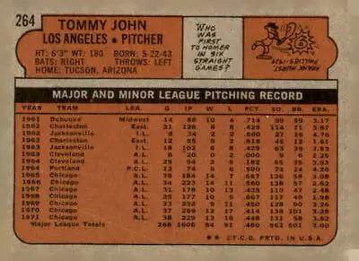 1972 Topps #264 Tommy John baseball card back from a classic trading card collection