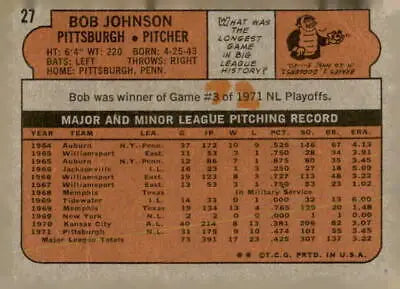 Vintage baseball card back of 1972 Topps #27 Bob Johnson with Pittsburgh Pirates details