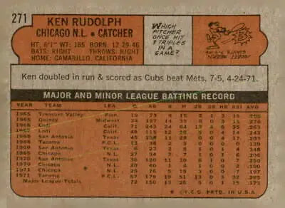Vintage baseball card back of 1972 Topps #271 Ken Rudolph, Chicago Cubs player