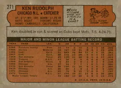 Vintage baseball card back from 1972 Topps #271 Ken Rudolph sports trading card