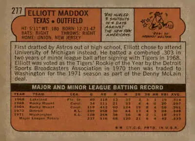 Back view of 1972 Topps #277 Elliott Maddox baseball card showcasing player stats
