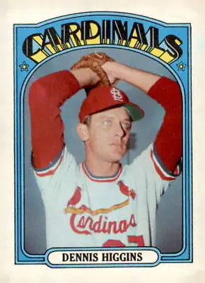 Dennis Higgins baseball card from the 1972 Topps series featuring player statistics