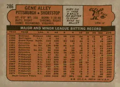 Vintage 1972 Topps #286 Gene Alley EX-MT trading card back showcasing stats and info