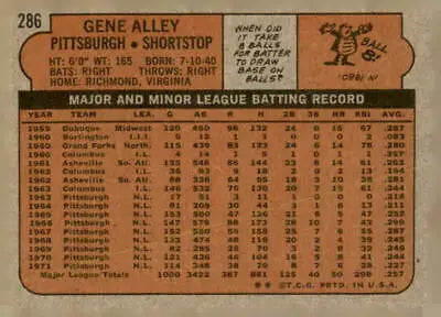 Vintage 1972 Topps Gene Alley baseball card back featuring detailed player stats