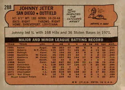 Vintage baseball card back of 1972 Topps Johnny Jeter sports trading card