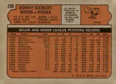 Baseball card back of Sonny Siebert Boston Red Sox 1972 Topps #290 Sonny Siebert baseball