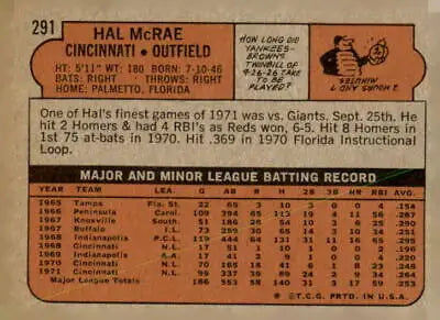 Vintage baseball card back of 1972 Topps #291 Hal McRae Cincinnati Reds EX-MT