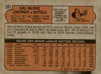 Vintage baseball card back of 1972 Topps Hal McRae Cincinnati Reds sports card