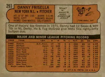 Vintage baseball trading card back from 1972 Topps #293 Danny Frisella