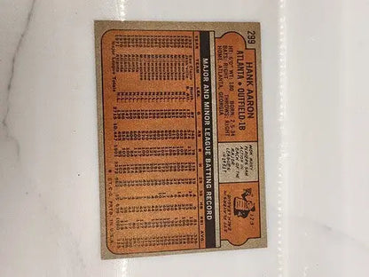 Hank Aaron baseball card back from 1972 Topps #299 trading card featuring Atlanta Braves