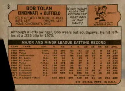 Back of 1972 Topps #3 Bob Tolan baseball card showcasing trading card details