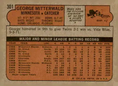 Vintage baseball card back for 1972 Topps #301 George Mitterwald sports trading card
