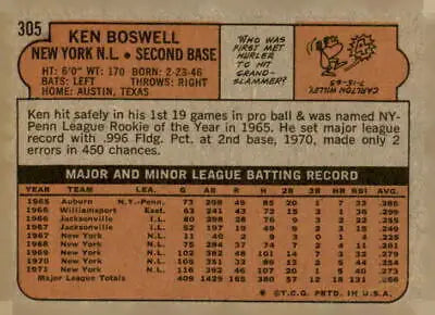 Vintage Ken Boswell trading card from the 1972 Topps #305 set in EX-MT condition