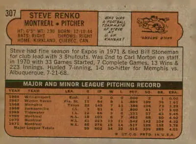 Vintage baseball card back featuring Steve Renko from the Montreal Expos 1972 Topps #307