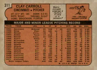 Clay Carroll baseball card back from 1972 Topps #311 Clay Carroll EX-MT