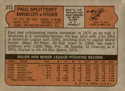 Vintage baseball card back of Paul Splittorff Kansas City Royals 1972 Topps #315