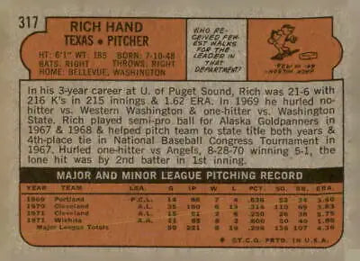 Vintage baseball card back of 1972 Topps Rich Hand Texas Rangers collectible