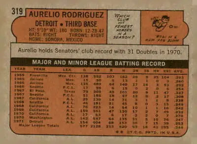 Vintage baseball card back of 1972 Topps #319 Aurelio Rodriguez sports trading card