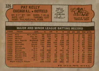 Vintage baseball card back featuring Pat Kelly of the Chicago White Sox from 1972 Topps