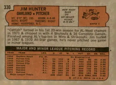 Vintage 1972 Topps Jim Hunter baseball card in EX-NM condition for collectors