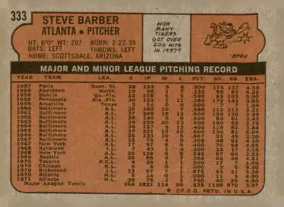 Vintage 1972 Topps Steve Barber baseball card back featuring barber baseball card details