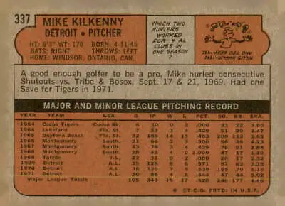 Vintage baseball card back of 1972 Topps #337 Mike Kilkenny sports trading card