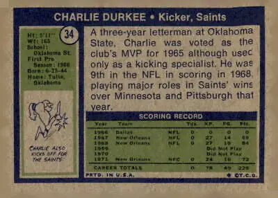 Vintage Charlie Durkee trading card 1972 Topps #34 in EX-MT condition