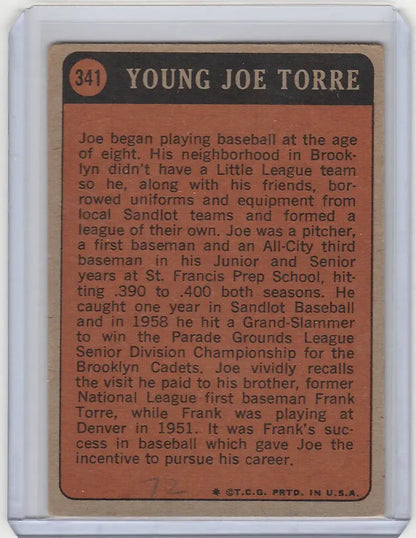 Vintage baseball card of Joe Torre with biographical details for St. Louis Cardinals