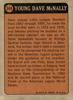 Vintage baseball card back featuring 1972 Topps #344 Dave McNally EX-MT