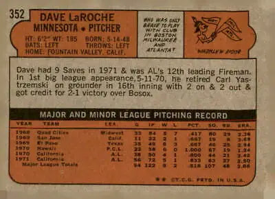 Baseball card back of 1972 Topps #352 Dave LaRoche from the Minnesota Twins