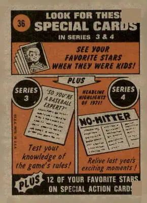 Vintage baseball card advertisement for 1972 Topps #36 Jerry Johnson sports trading card