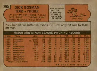 Vintage 1972 Topps Dick Bosman baseball card back featuring player stats and info
